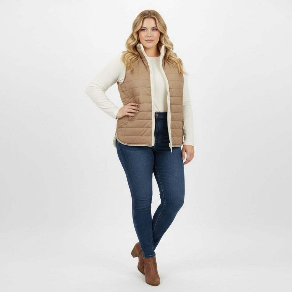 Reversible‎ Sherpa Puffer Vest Tan Cream Full Zip Quilted Pockets L